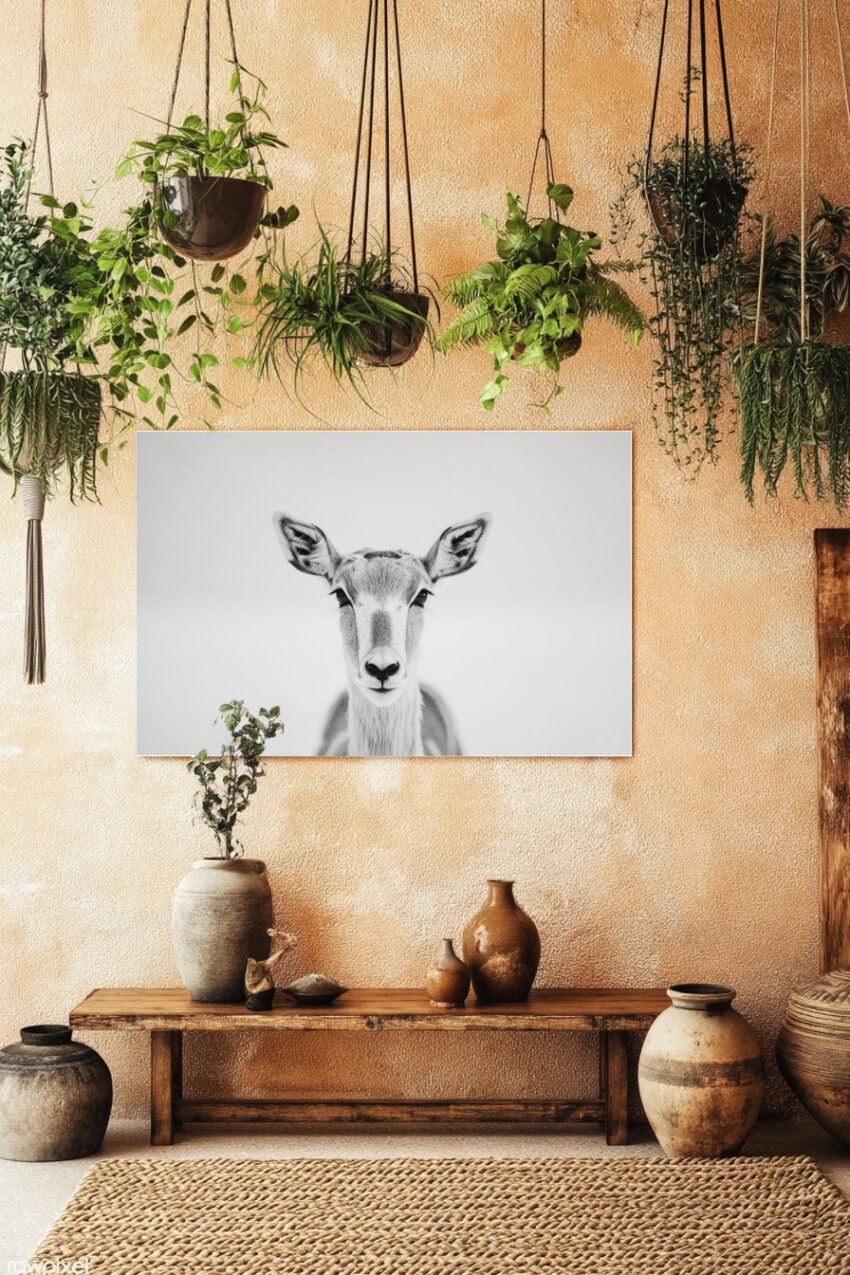 Schwarzweiß Poster mit einer stilvollen Antilope frontal vor weißem Hintergrund als minimalistisches Tierportrait
