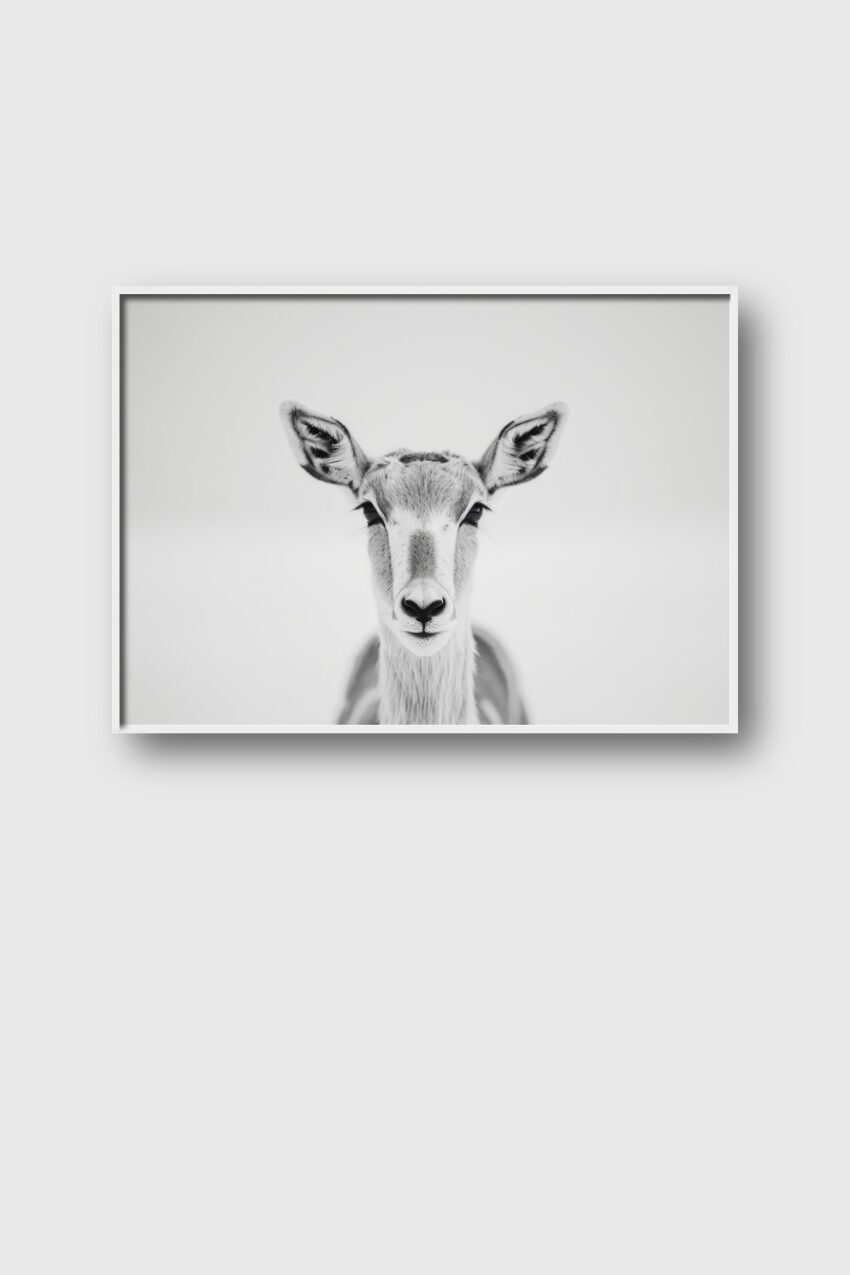 Schwarzweiß Poster mit einer stilvollen Antilope frontal vor weißem Hintergrund als minimalistisches Tierportrait