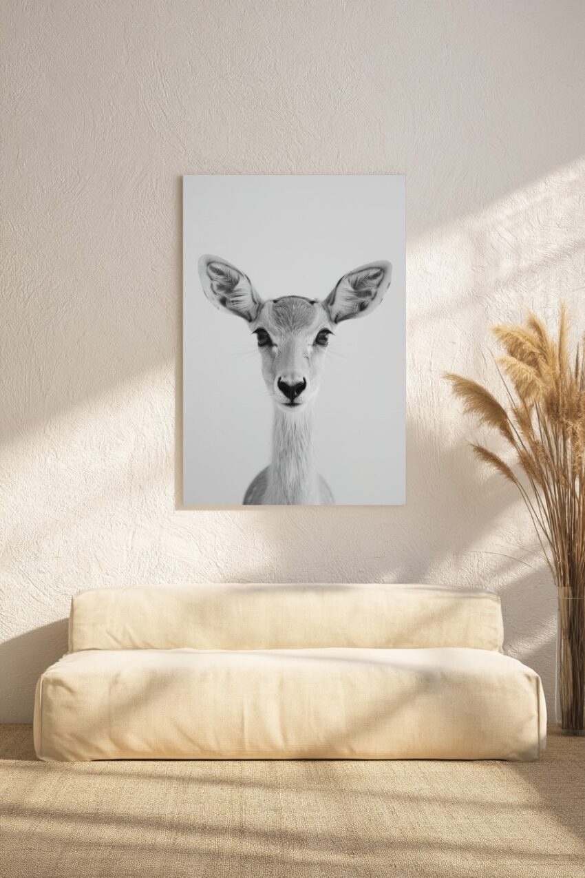 Poster mit schwarzwissem Porträt einer jungen Antilope in Nahaufnahme mit großen Ohren