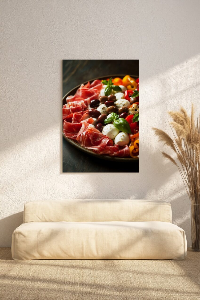Poster mit italienischer Antipasti Platte aus Prosciutto, Mozzarella, Oliven und Basilikum in warmen Farben
