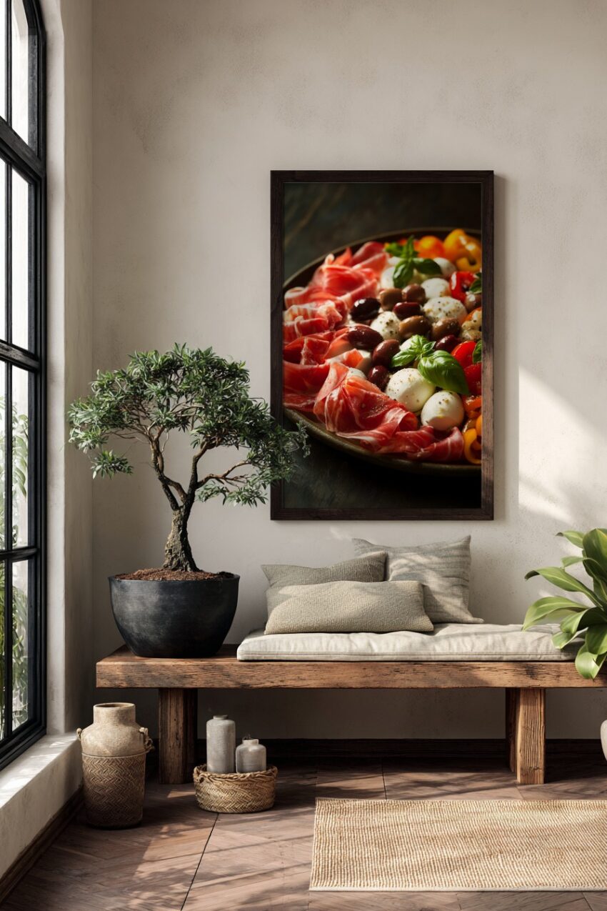 Poster mit einem Antipasti Teller aus rohem Schinken, Mozzarella, Oliven, Paprika und frischem Basilikum in mediterranem Stil mit warmen Farben