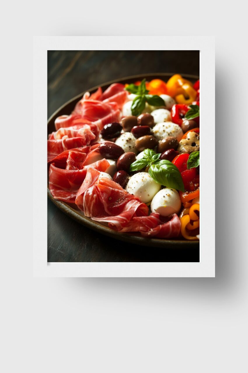 Poster mit italienischer Antipasti Platte aus Prosciutto, Mozzarella, Oliven und Basilikum in warmen Farben