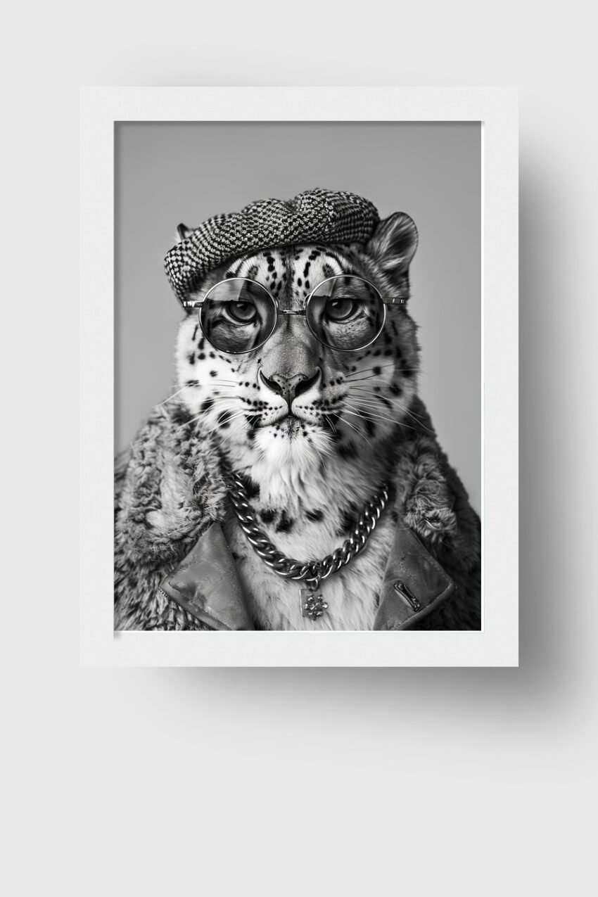 Schwarzweiß Kunstdruck mit Leopard in runder Brille, Mütze und Kette als modernes Tierportrait
