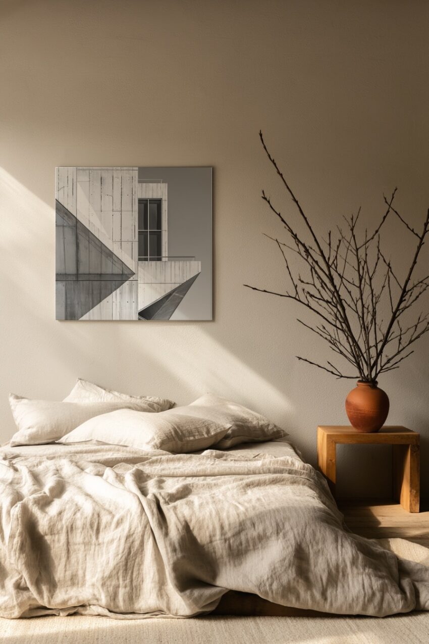 Schwarzweiß Poster einer modernen Betonfassade mit klaren Linien, Fenstern und geometrischen Formen, minimalistischer Stil