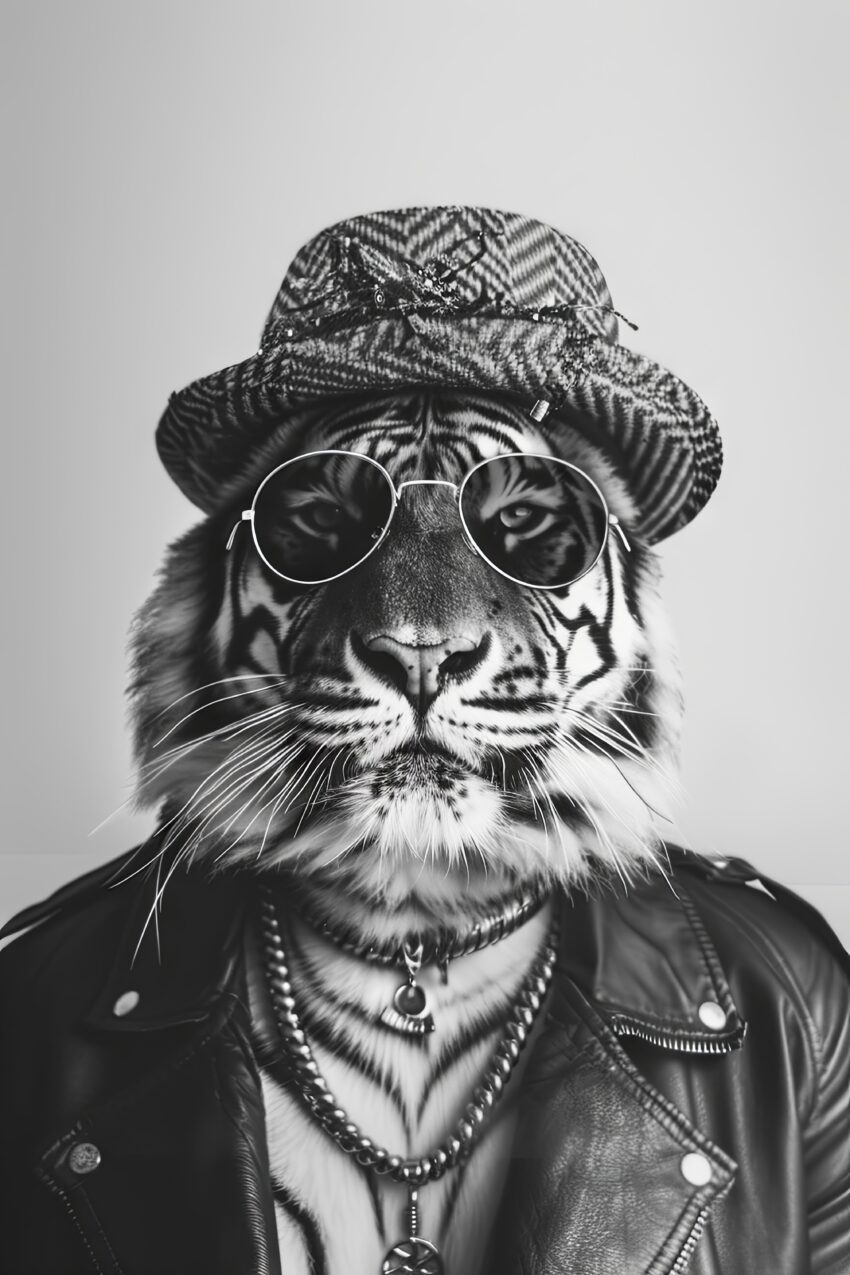 Schwarz-weiß Poster eines Tigers mit Hut, Sonnenbrille und Lederjacke, modernes Tierportrait