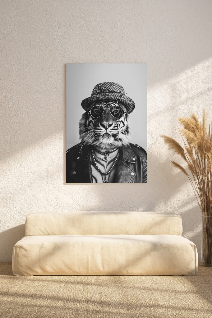 Schwarz-weiß Poster eines Tigers mit Sonnenbrille, gemusterter Mütze und Lederjacke im modernen Stil