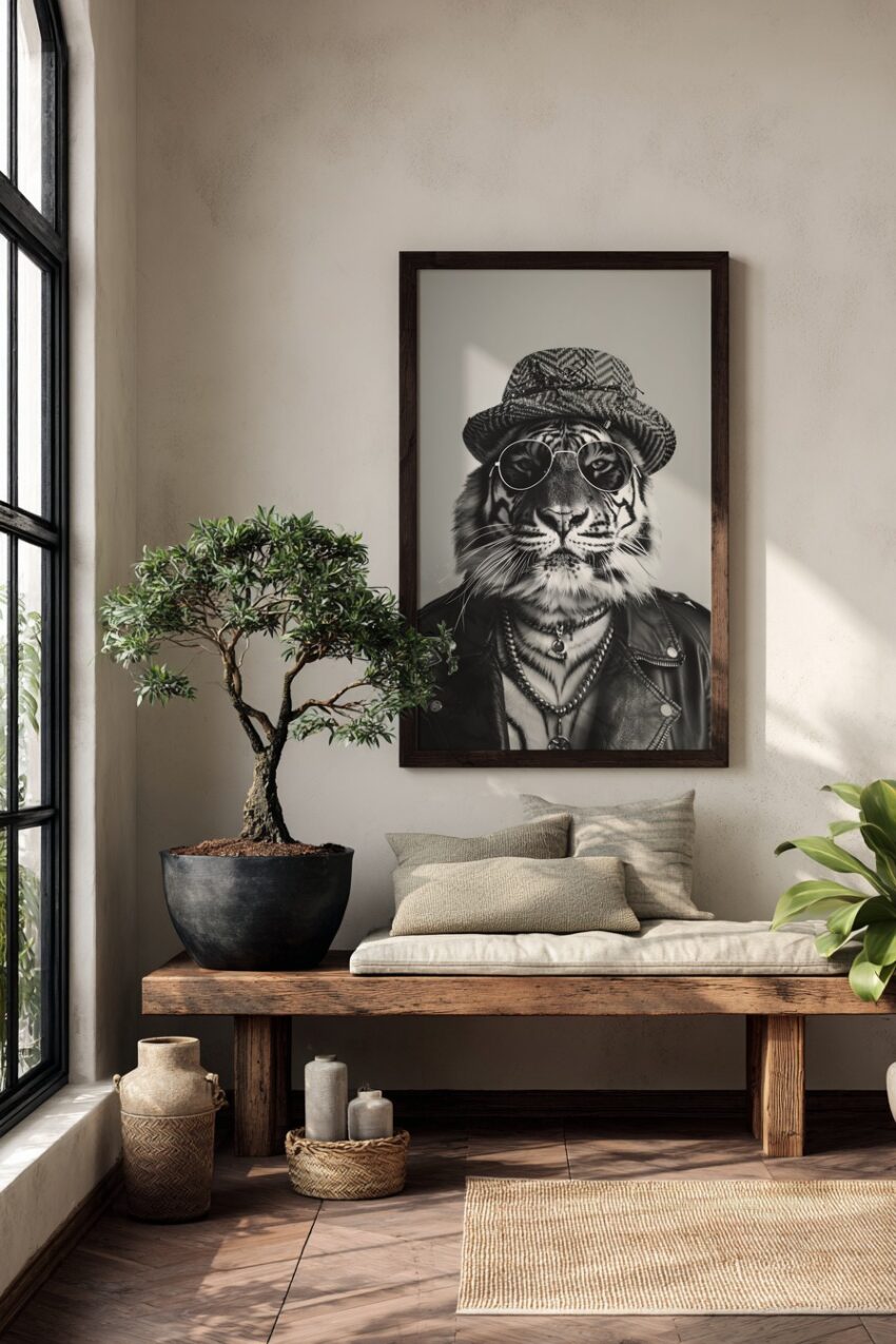 Schwarz-weiß Poster eines Tigers mit Hut, Sonnenbrille und Lederjacke, modernes Tierportrait