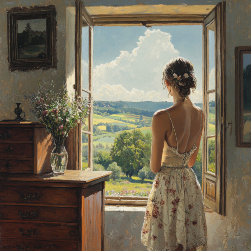 Kunstdruck einer Frau im Kleid am offenen Fenster mit Blick auf grüne sonnige Landschaft und blauen Himmel