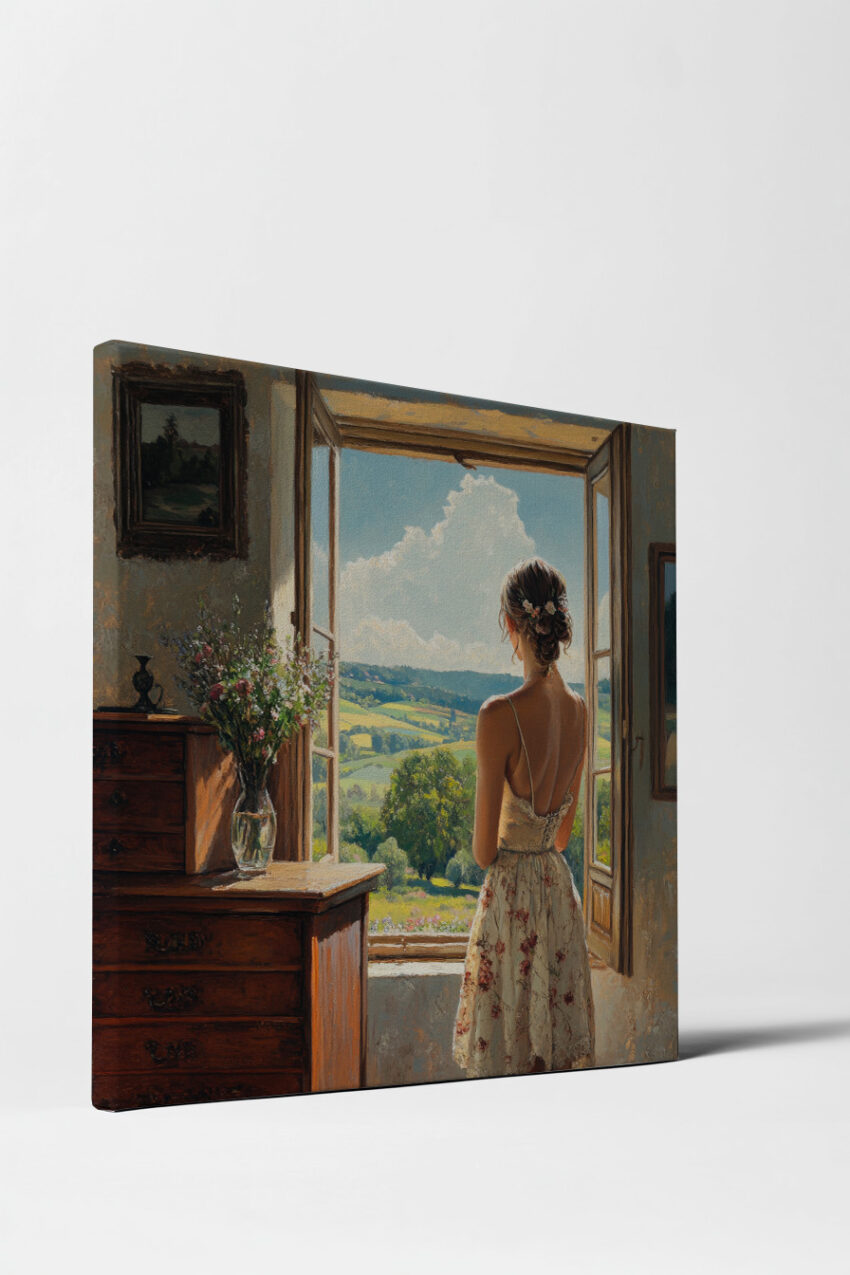 Kunstdruck einer Frau im Kleid am offenen Fenster mit Blick auf grüne sonnige Landschaft und blauen Himmel