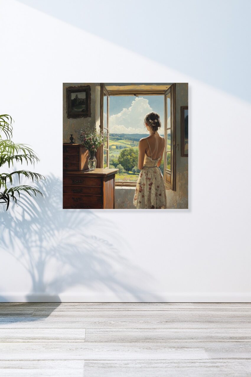 Kunstdruck einer Frau im Kleid am offenen Fenster mit Blick auf grüne sonnige Landschaft und blauen Himmel