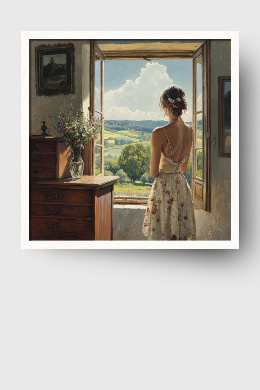 Kunstdruck einer Frau im Kleid am offenen Fenster mit Blick auf grüne sonnige Landschaft und blauen Himmel