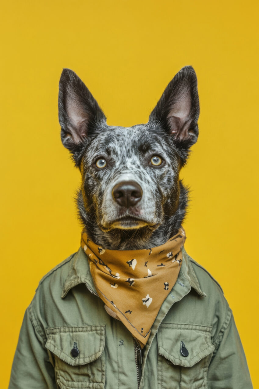 Poster oder Kunstdruck eines Hundes mit Halstuch und Jacke vor gelbem Hintergrund, modernes Tierportrait