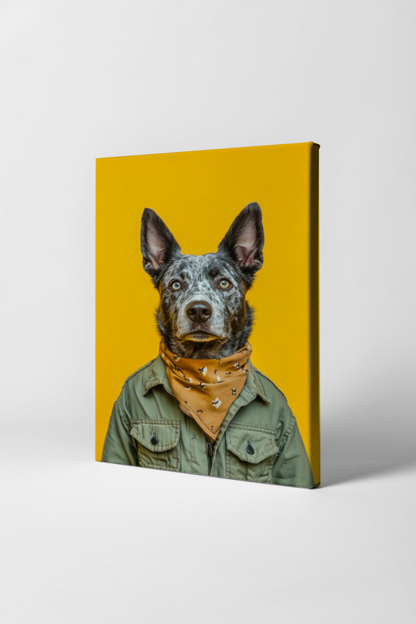 Poster oder Kunstdruck eines Hundes mit Halstuch und Jacke vor gelbem Hintergrund, modernes Tierportrait