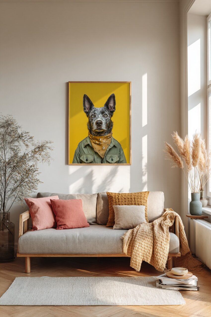 Poster oder Kunstdruck eines Hundes mit Halstuch und Jacke vor gelbem Hintergrund, modernes Tierportrait