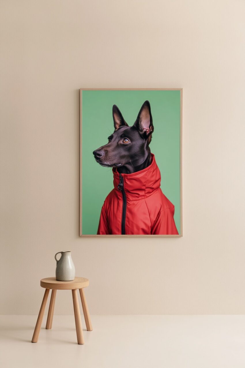 Poster eines schwarzen Hundes mit großen Ohren in roter Jacke vor grünem Hintergrund als stilvoller Kunstdruck
