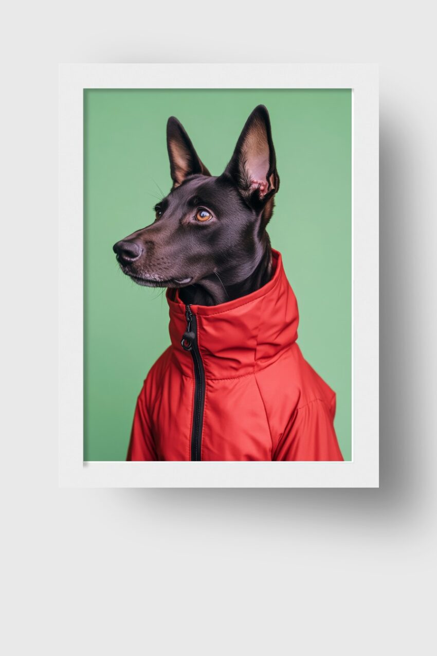 Poster eines schwarzen Hundes mit großen Ohren in roter Jacke vor grünem Hintergrund als stilvoller Kunstdruck