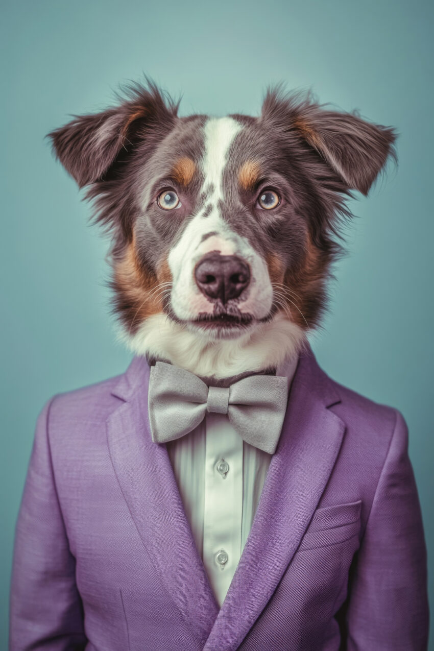 Poster mit Hund im lila Anzug und grauer Fliege vor blauem Hintergrund in modernem Stil