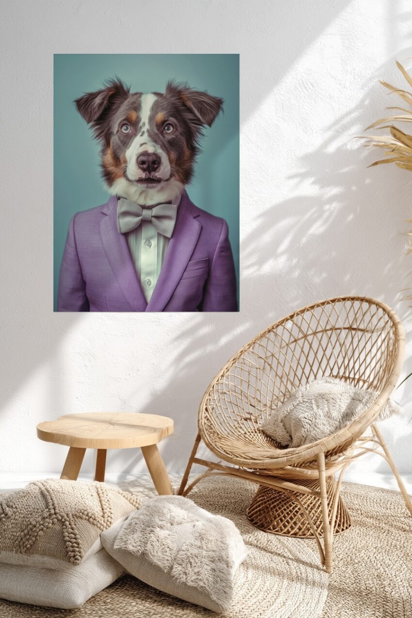 Poster mit Hund im lila Anzug und grauer Fliege vor blauem Hintergrund in modernem Stil