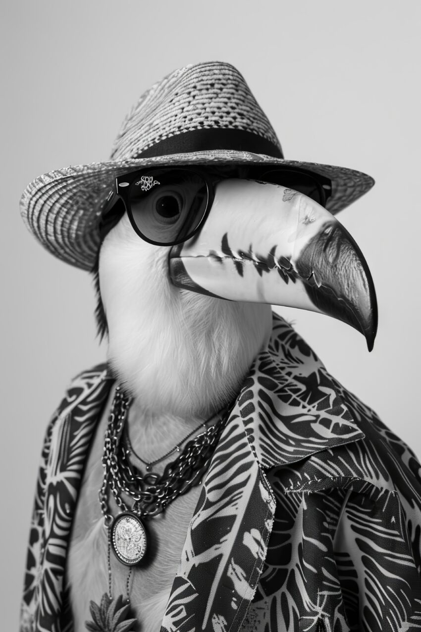 Schwarz-weiß Kunstdruck eines Tukans mit Sonnenbrille, Strohhut und gemustertem Hawaii-Hemd in modischem Stil