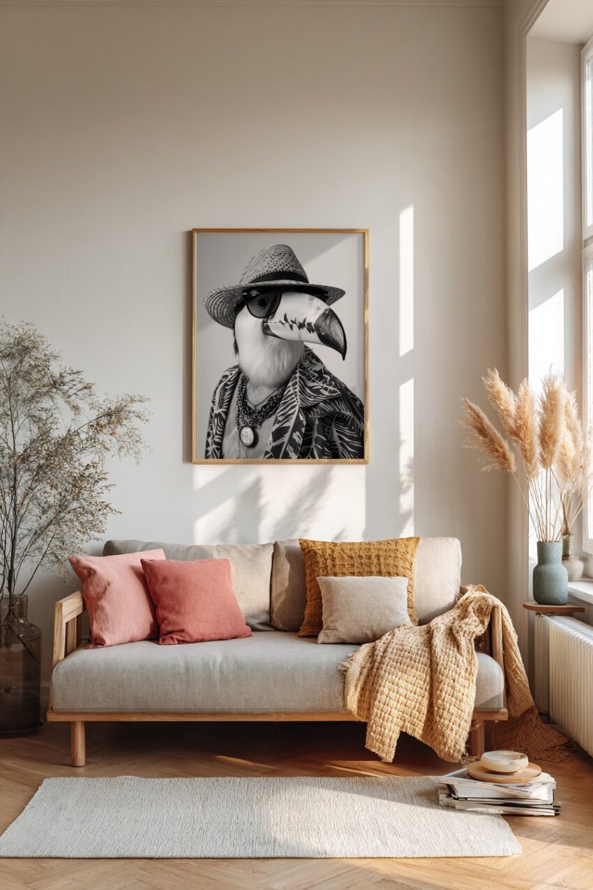 Schwarz weiß Kunstdruck eines Tukans mit Strohhut, Sonnenbrille, Ketten und gemustertem Hemd in moderner Darstellung