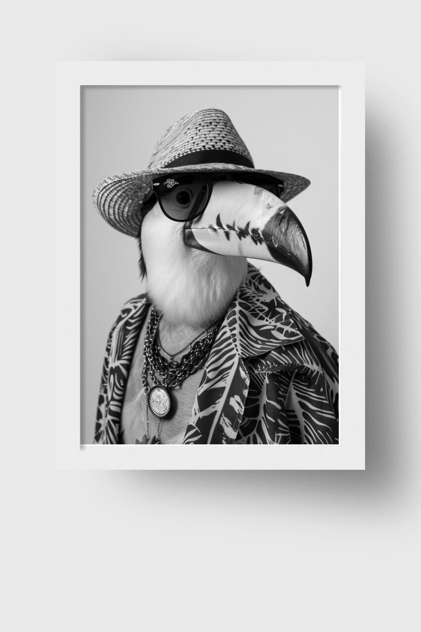 Schwarz-weiß Kunstdruck eines Tukans mit Sonnenbrille, Strohhut und gemustertem Hawaii-Hemd in modischem Stil