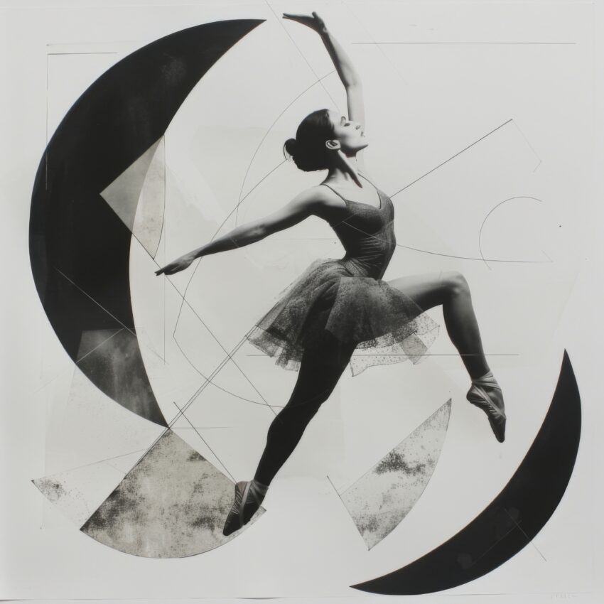 Schwarz Weiß Poster einer Ballerina im Sprung mit geometrischen Formen im Hintergrund, künstlerisch und abstrakt gestaltet
