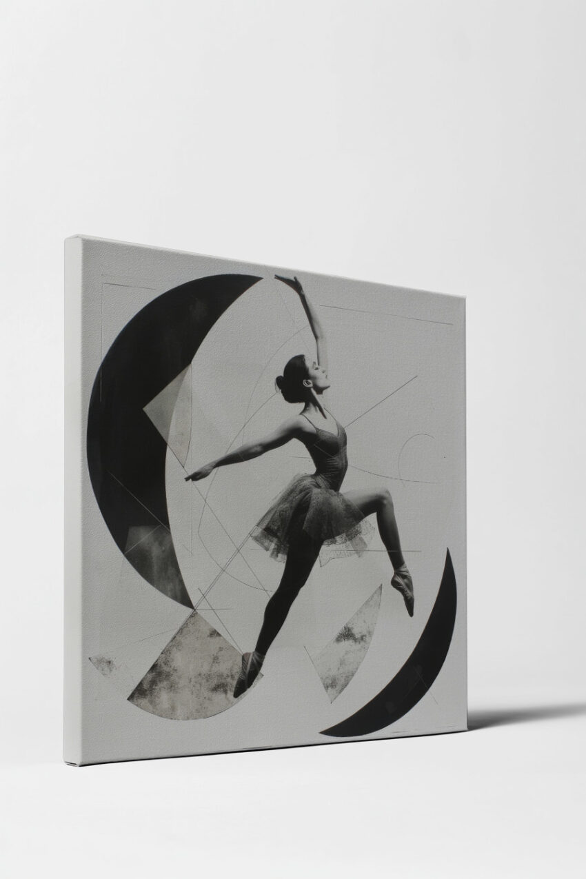 Schwarz Weiß Poster einer Ballerina im Sprung mit geometrischen Formen im Hintergrund, künstlerisch und abstrakt gestaltet