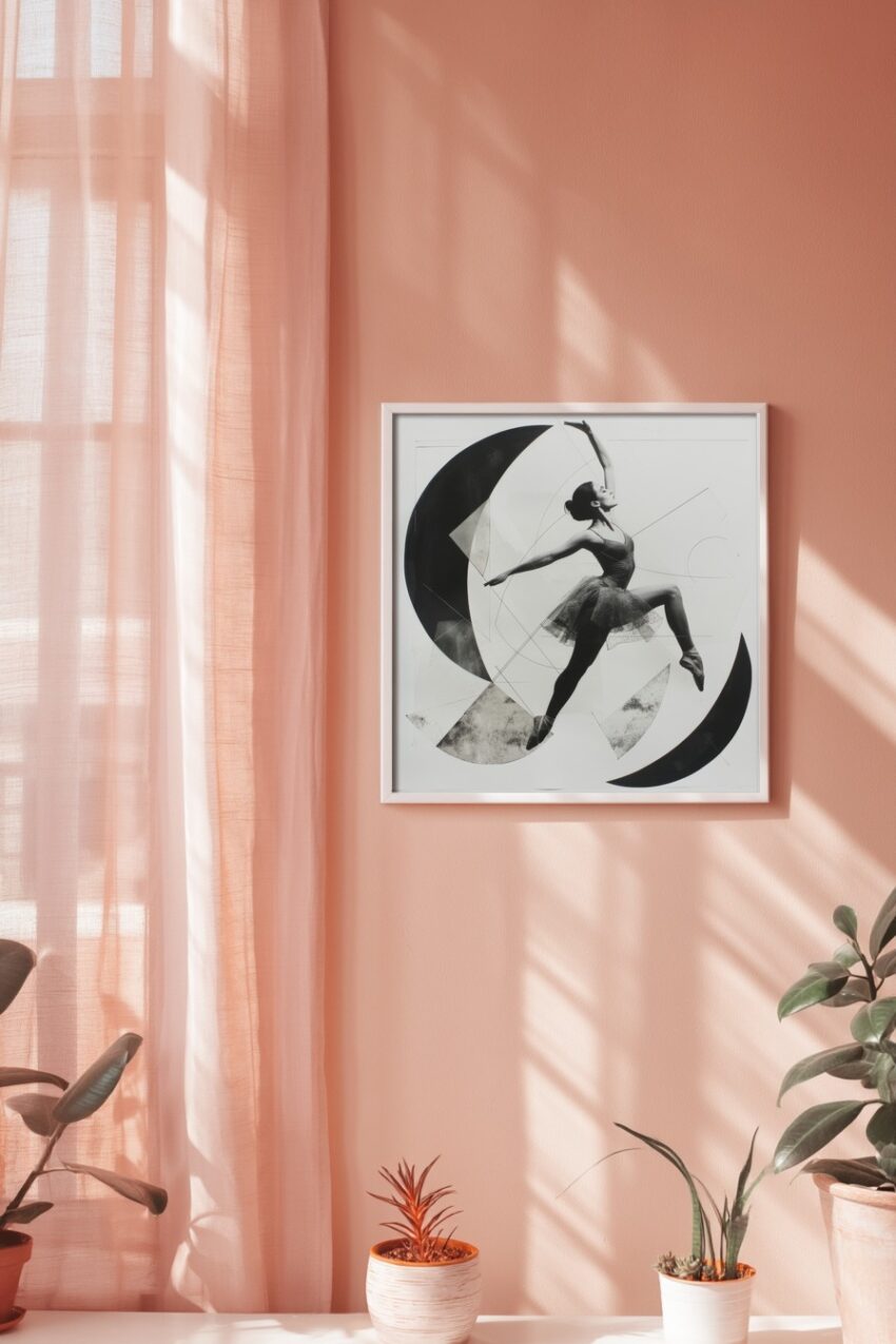 Schwarz Weiß Poster einer Ballerina im Sprung mit geometrischen Formen im Hintergrund, künstlerisch und abstrakt gestaltet