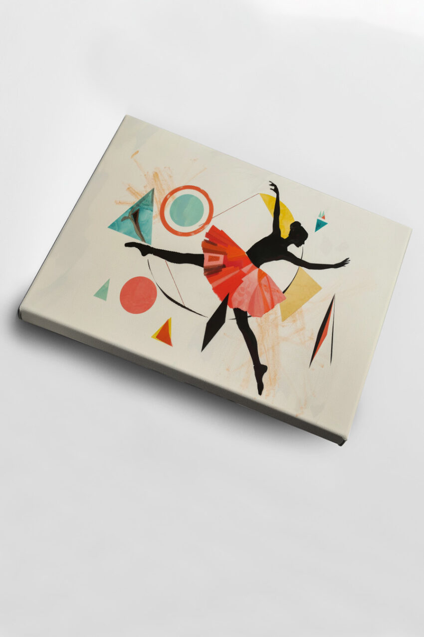 Poster mit schwarzer Ballerina Silhouette und rotem Tüllrock vor geometrischen Formen in Orange, Gelb und Türkis als abstrakter Kunstdruck