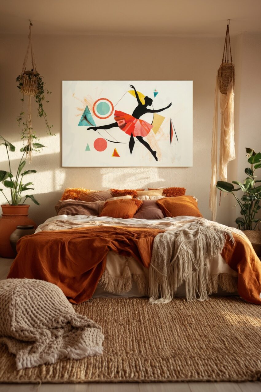 Poster mit schwarzer Ballerina Silhouette und rotem Tüllrock vor geometrischen Formen in Orange, Gelb und Türkis als abstrakter Kunstdruck