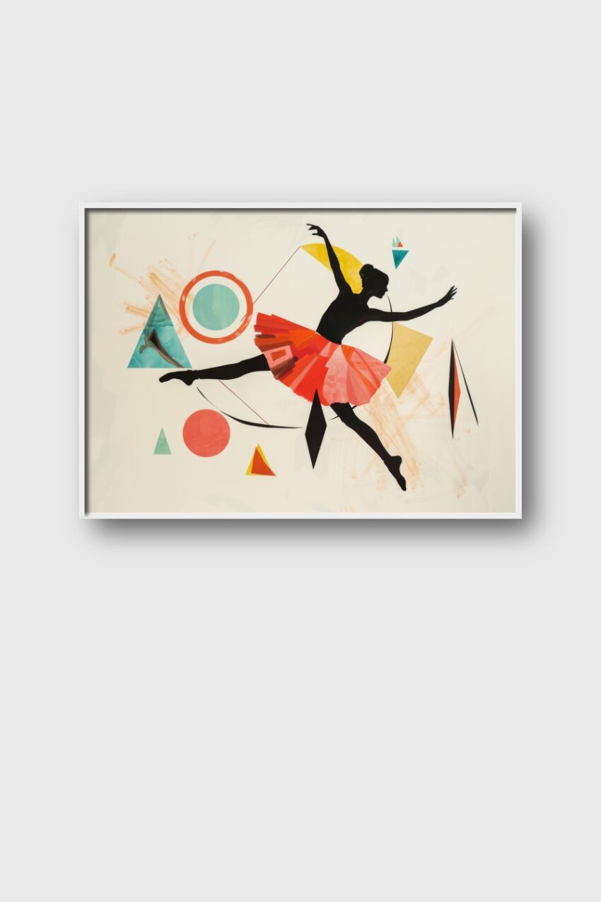 Poster mit schwarzer Ballerina Silhouette und rotem Tüllrock vor geometrischen Formen in Orange, Gelb und Türkis als abstrakter Kunstdruck
