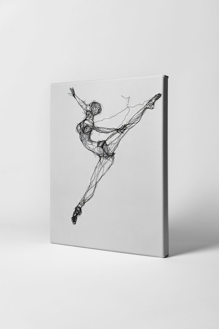 Poster einer Ballerina aus schwarzen Linien in dynamischer Tanzpose auf weißem Hintergrund im minimalistischen Stil