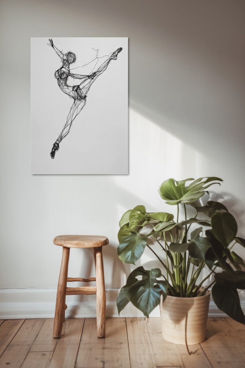 Poster einer Ballerina aus schwarzen Linien in dynamischer Tanzpose auf weißem Hintergrund im minimalistischen Stil