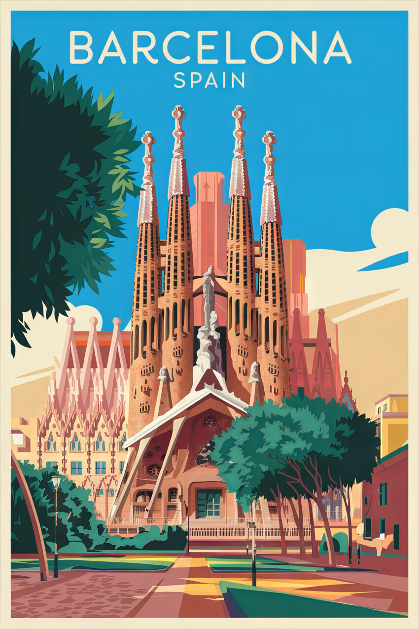 Poster der Sagrada Familia in Barcelona als moderne Illustration mit blauem Himmel und Bäumen