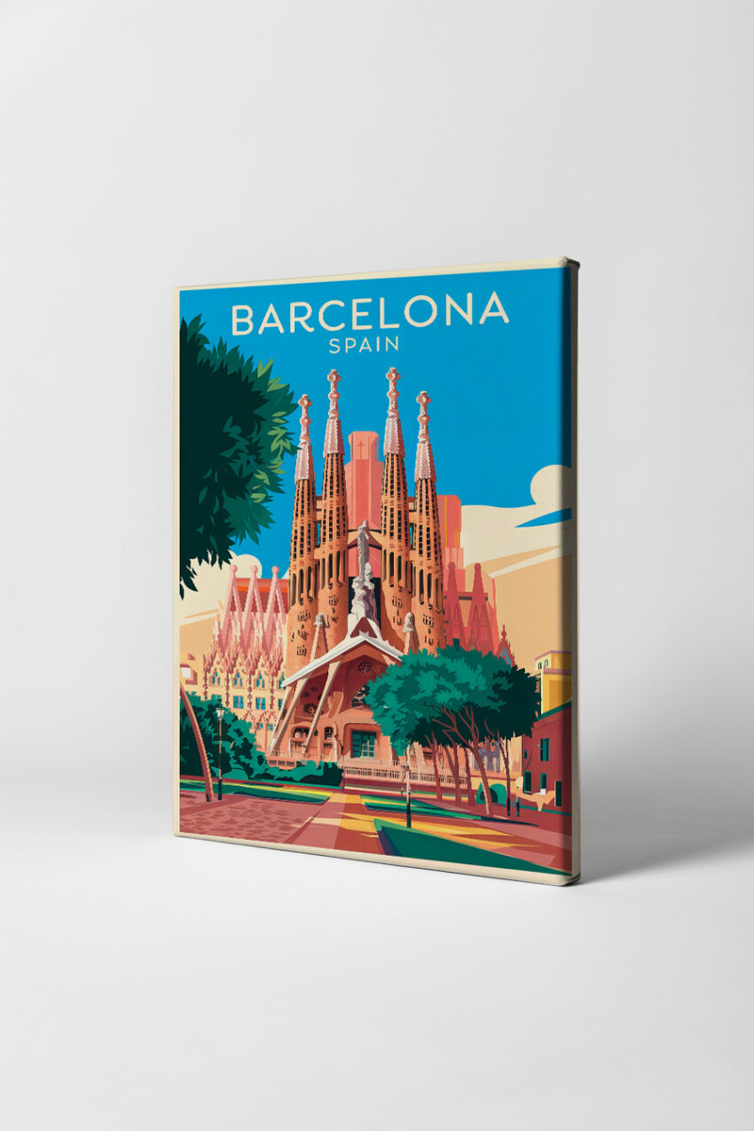 Poster der Sagrada Familia in Barcelona als moderne Illustration mit blauem Himmel und Bäumen