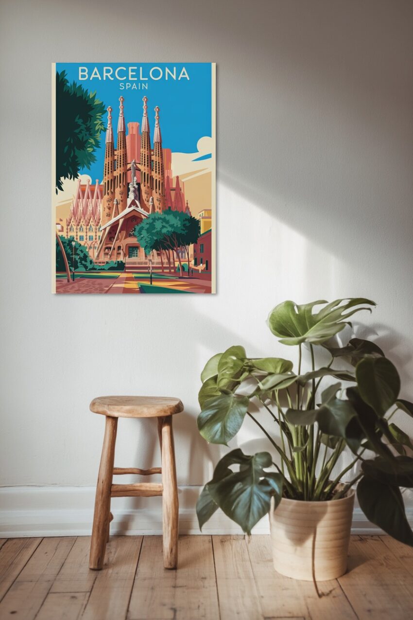 Poster der Sagrada Familia in Barcelona als moderne Illustration mit blauem Himmel und Bäumen
