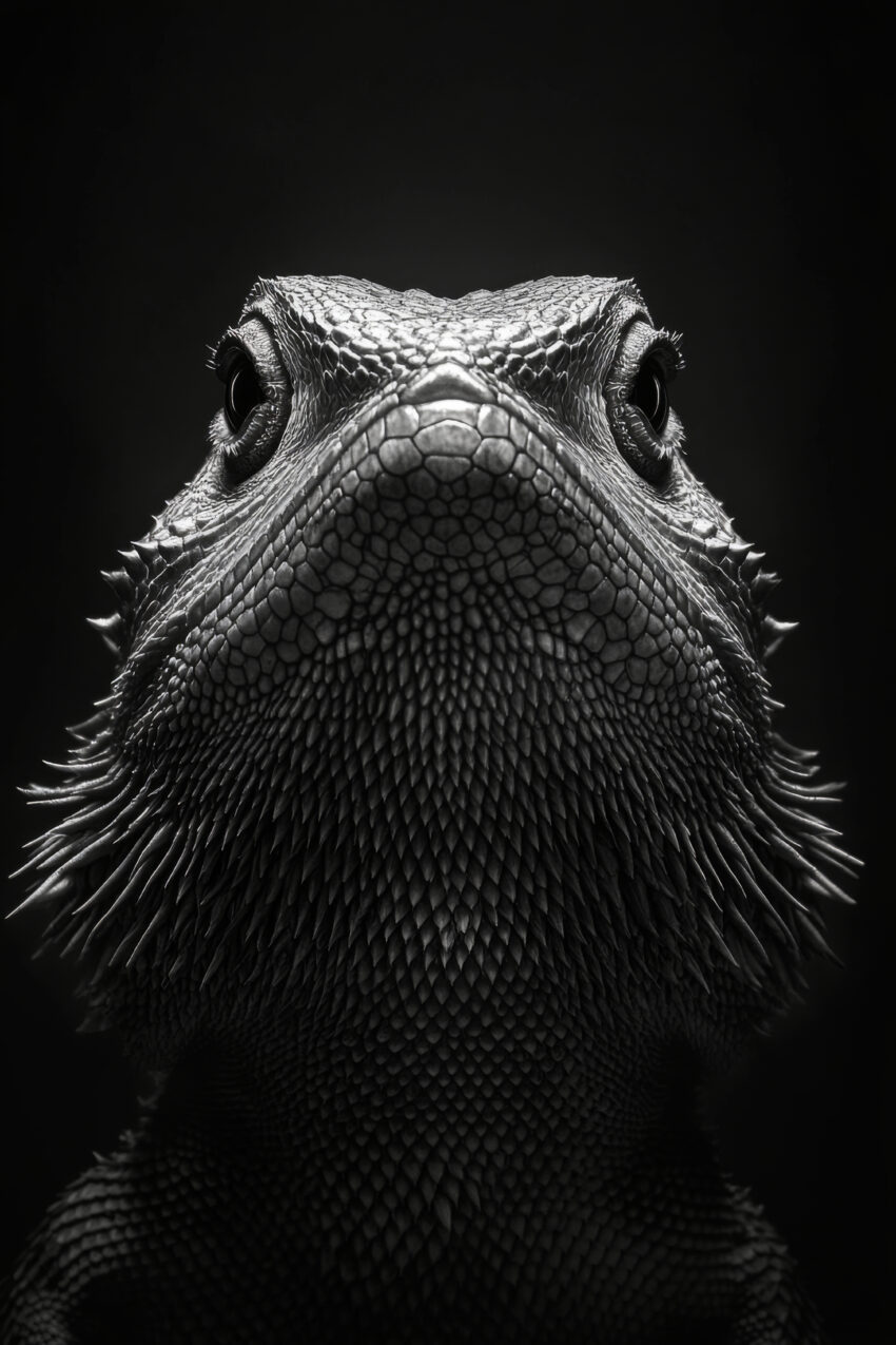 Schwarz-weiß Poster einer Bartagame Nahaufnahme mit detaillierten Schuppen im Tierportrait-Stil