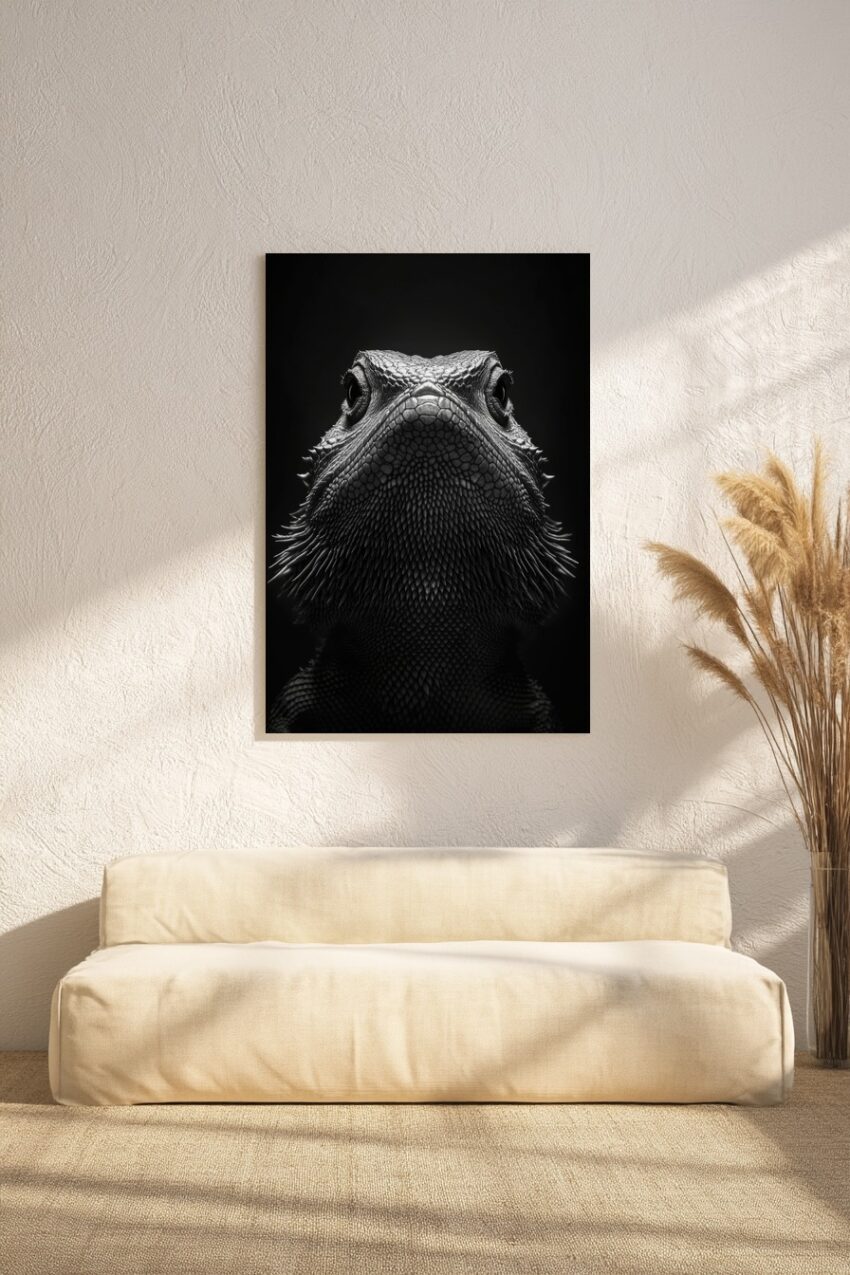 Schwarz-weiß Poster einer Bartagame Nahaufnahme mit detaillierten Schuppen im Tierportrait-Stil