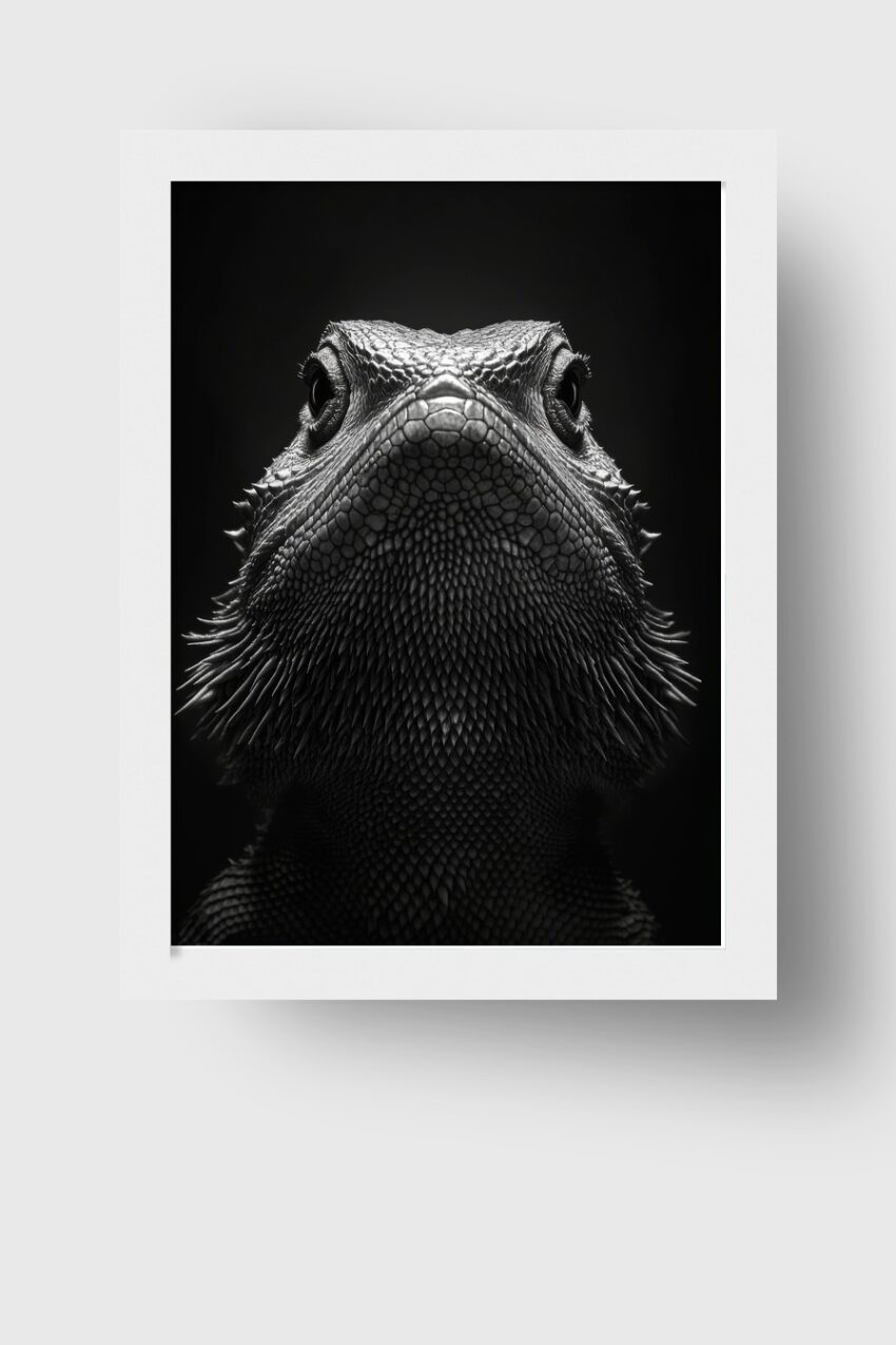 Schwarz-weiß Poster einer Bartagame Nahaufnahme mit detaillierten Schuppen im Tierportrait-Stil