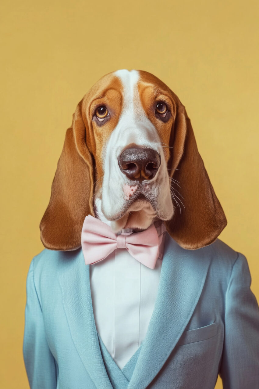 Poster eines Basset Hound Hundes mit rosa Fliege und blauem Anzug vor gelbem Hintergrund im modernen Stil