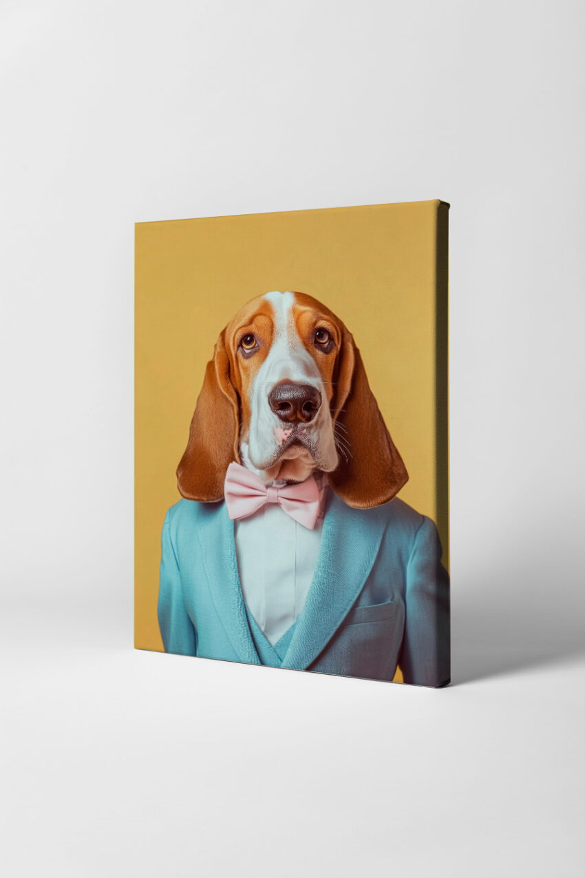 Poster eines Basset Hound Hundes mit rosa Fliege und blauem Anzug vor gelbem Hintergrund im modernen Stil