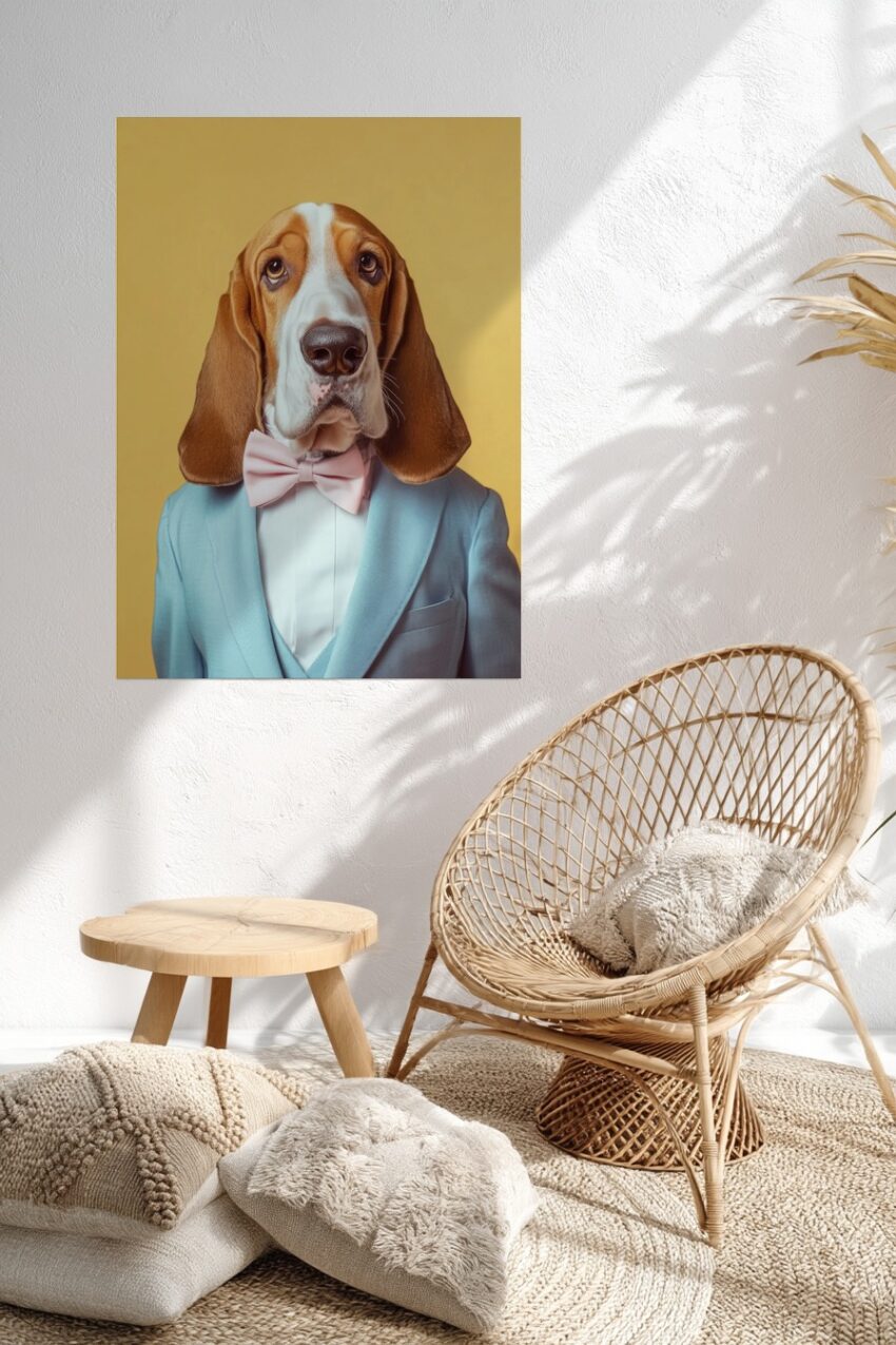 Poster eines Basset Hound Hundes mit rosa Fliege und blauem Anzug vor gelbem Hintergrund im modernen Stil