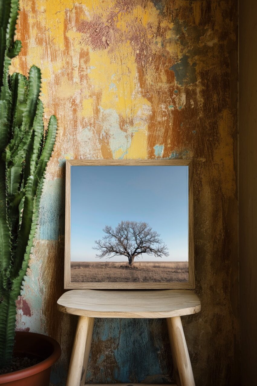 Poster mit kahlem Baum in offener Steppenlandschaft unter klarem blauem Himmel