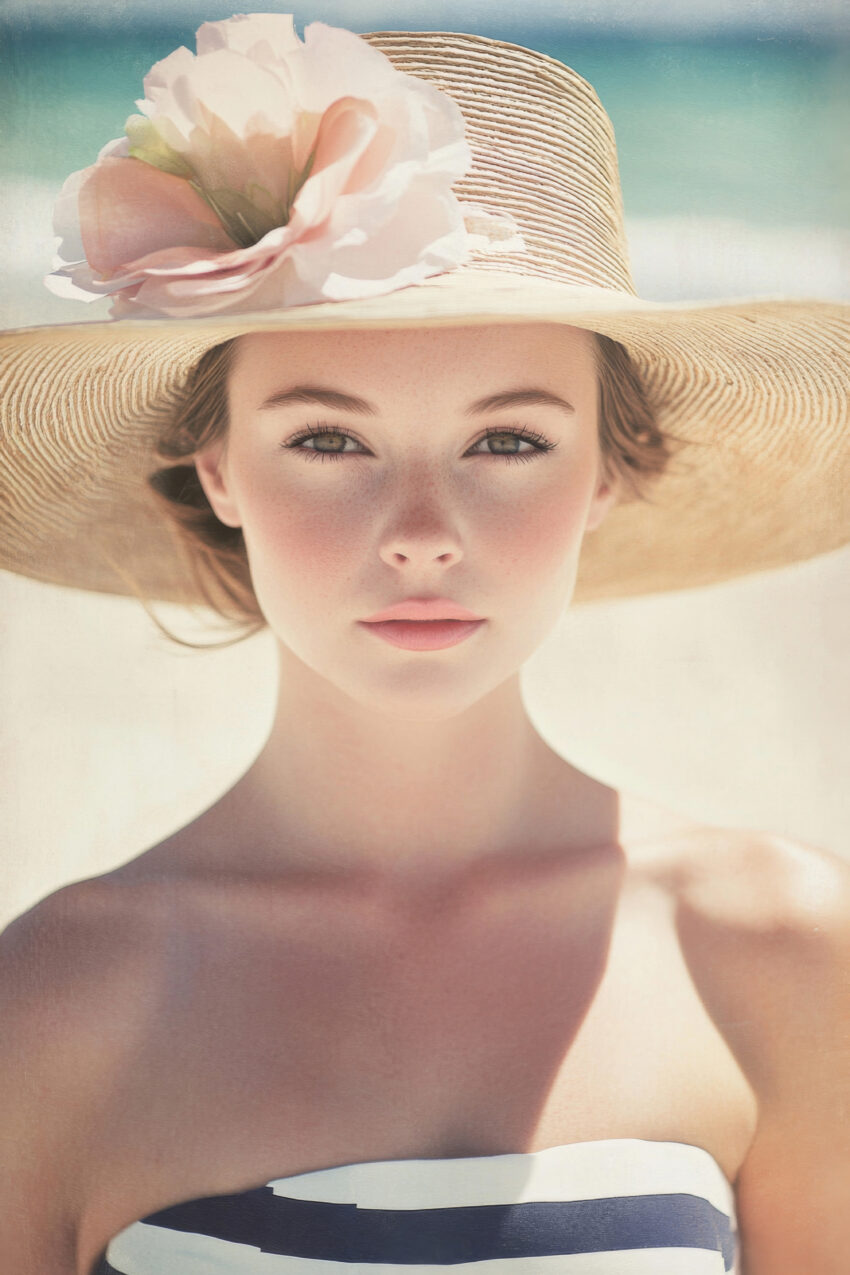 Poster einer Frau mit großem Strohhut und zarter Blume im sommerlichen Stil mit hellen Farben
