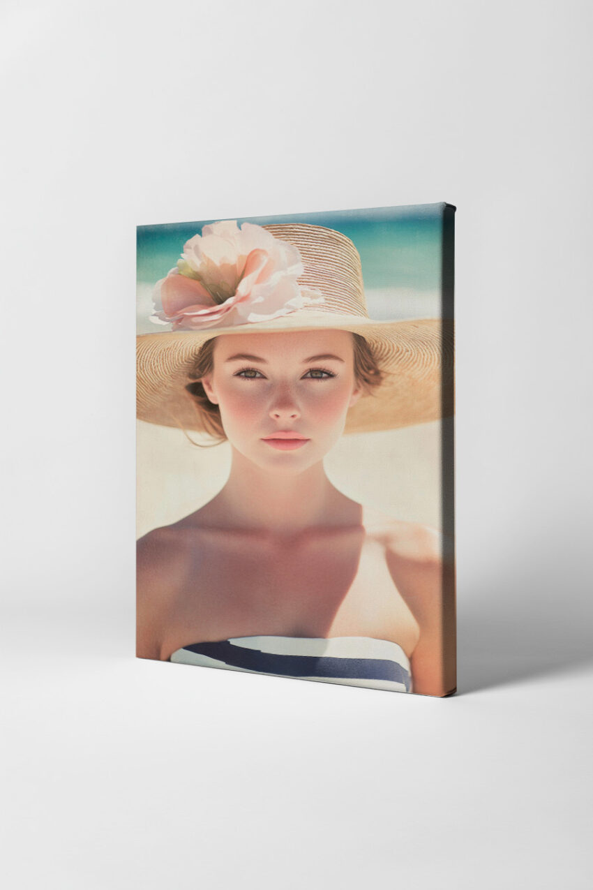 Poster einer Frau mit großem Strohhut und zarter Blume im sommerlichen Stil mit hellen Farben