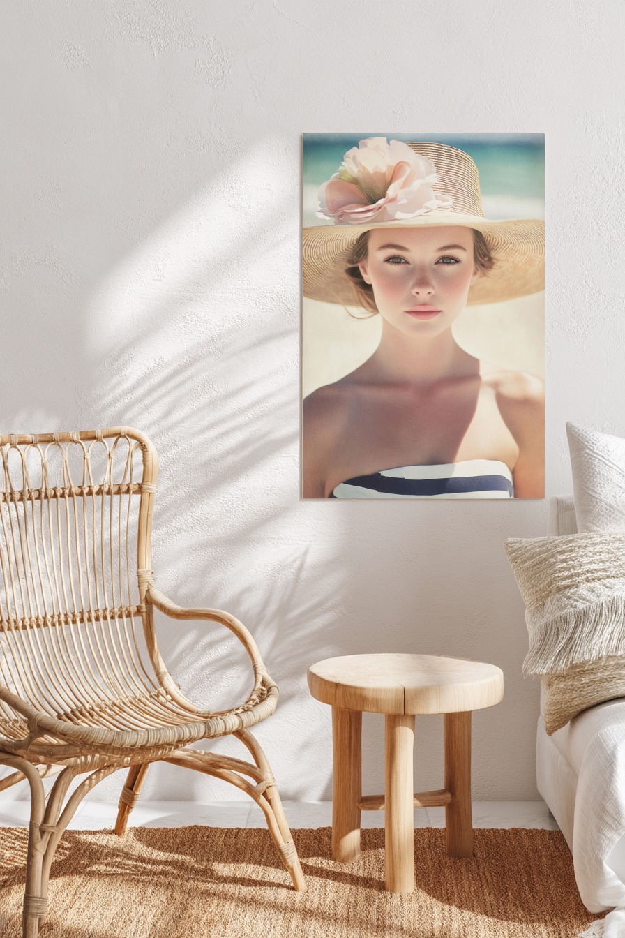 Poster einer Frau mit großem Strohhut und zarter Blume im sommerlichen Stil mit hellen Farben