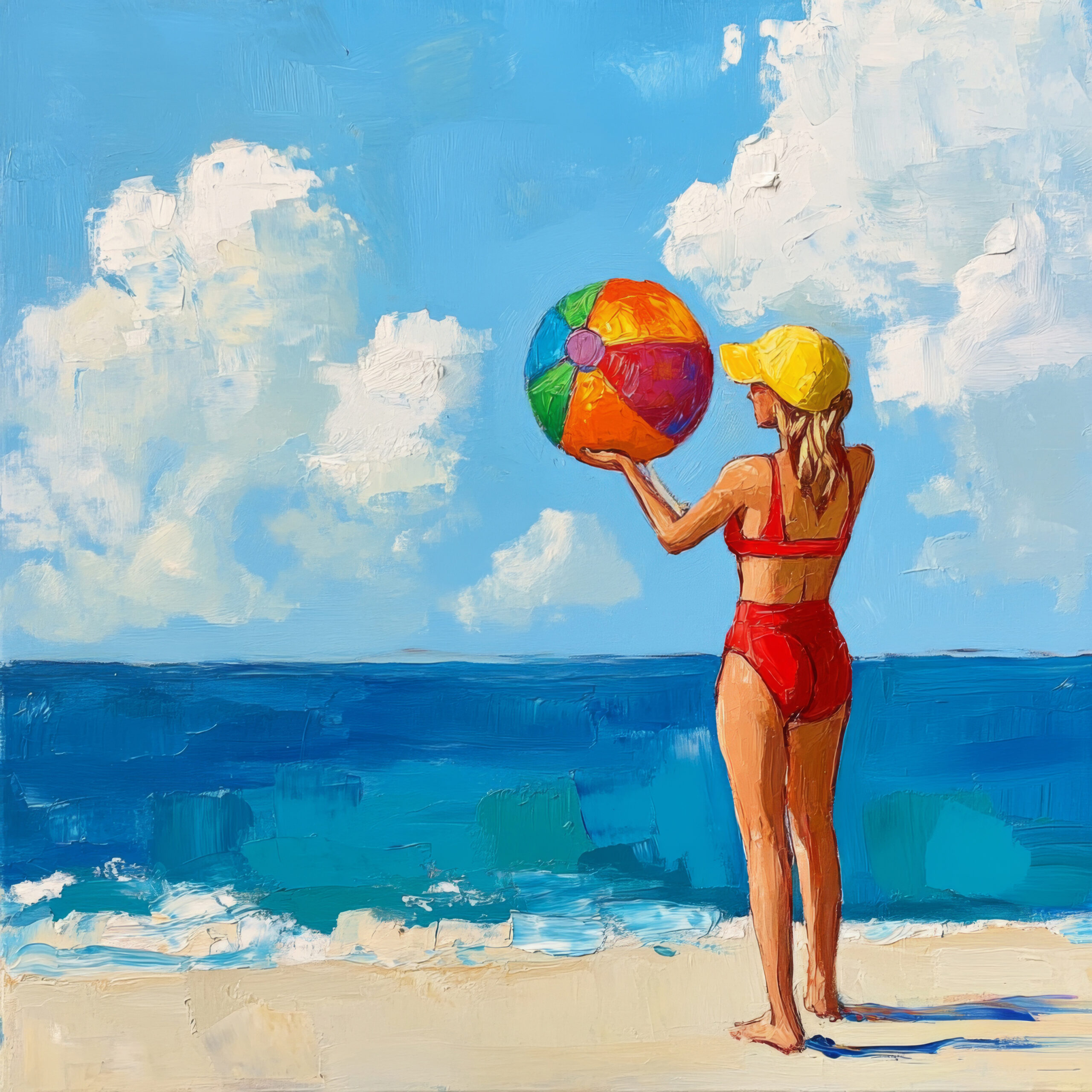 Kunstdruck einer Frau mit rotem Bikini und gelber Mütze am Strand mit buntem Strandball vor blauem Meer und Himmel