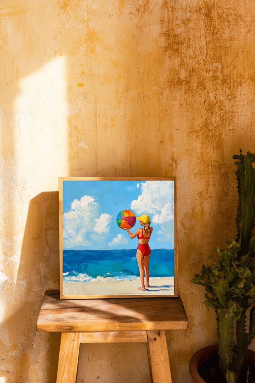 Kunstdruck einer Frau mit rotem Bikini und gelber Mütze am Strand mit buntem Strandball vor blauem Meer und Himmel