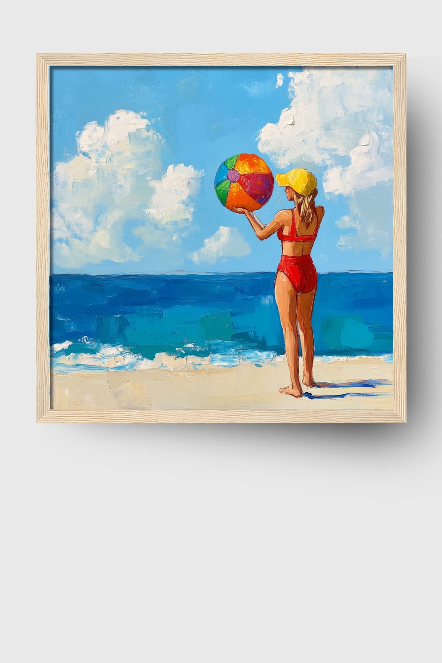 Kunstdruck einer Frau mit rotem Bikini und gelber Mütze am Strand mit buntem Strandball vor blauem Meer und Himmel