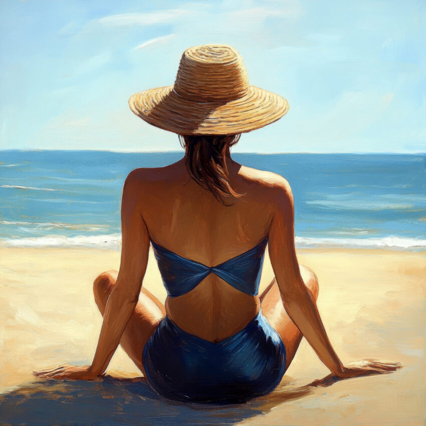 Poster mit einer Frau in blauem Badeanzug und Strohhut am Strand mit Meer im Hintergrund, entspannter Sommerstil in warmen Farben